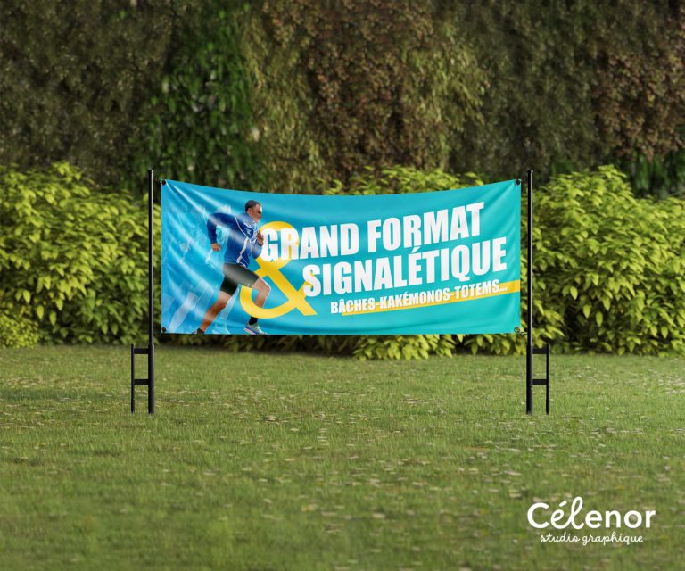Visuel d'illustration pour la création de supports publicitaires : bâche sur laquelle est inscrit "Grand format et signalétique".