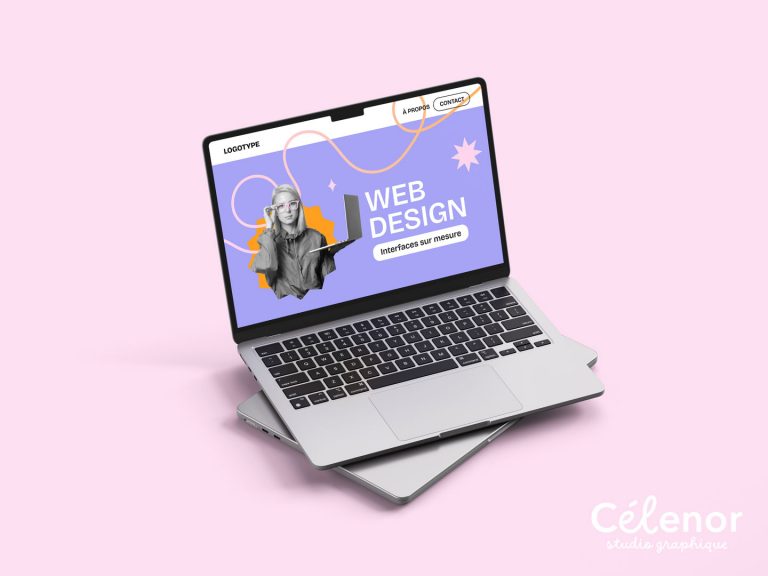 Visuel d'illustration pour la création de sites internet : ordinateur ouvert sur la page d'accueil d'un site sur laquelle est inscrit "Web design"